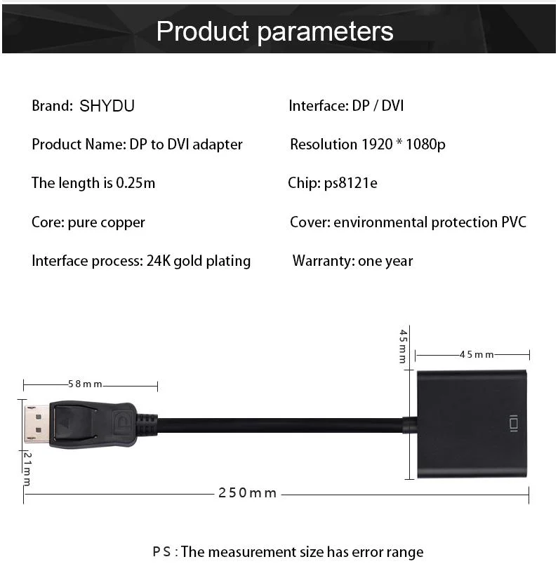 Video Cable 4K 1080P 60Hz Displayport Dp to DVI Cable